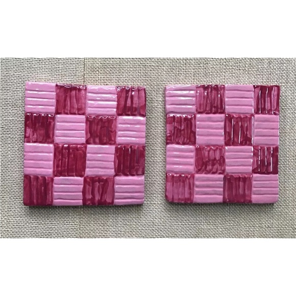 Pink Red Checkered Tile Trivet Set Textured Art Pottery Barbiecore Retro Whimsy - Picture 1 of 3